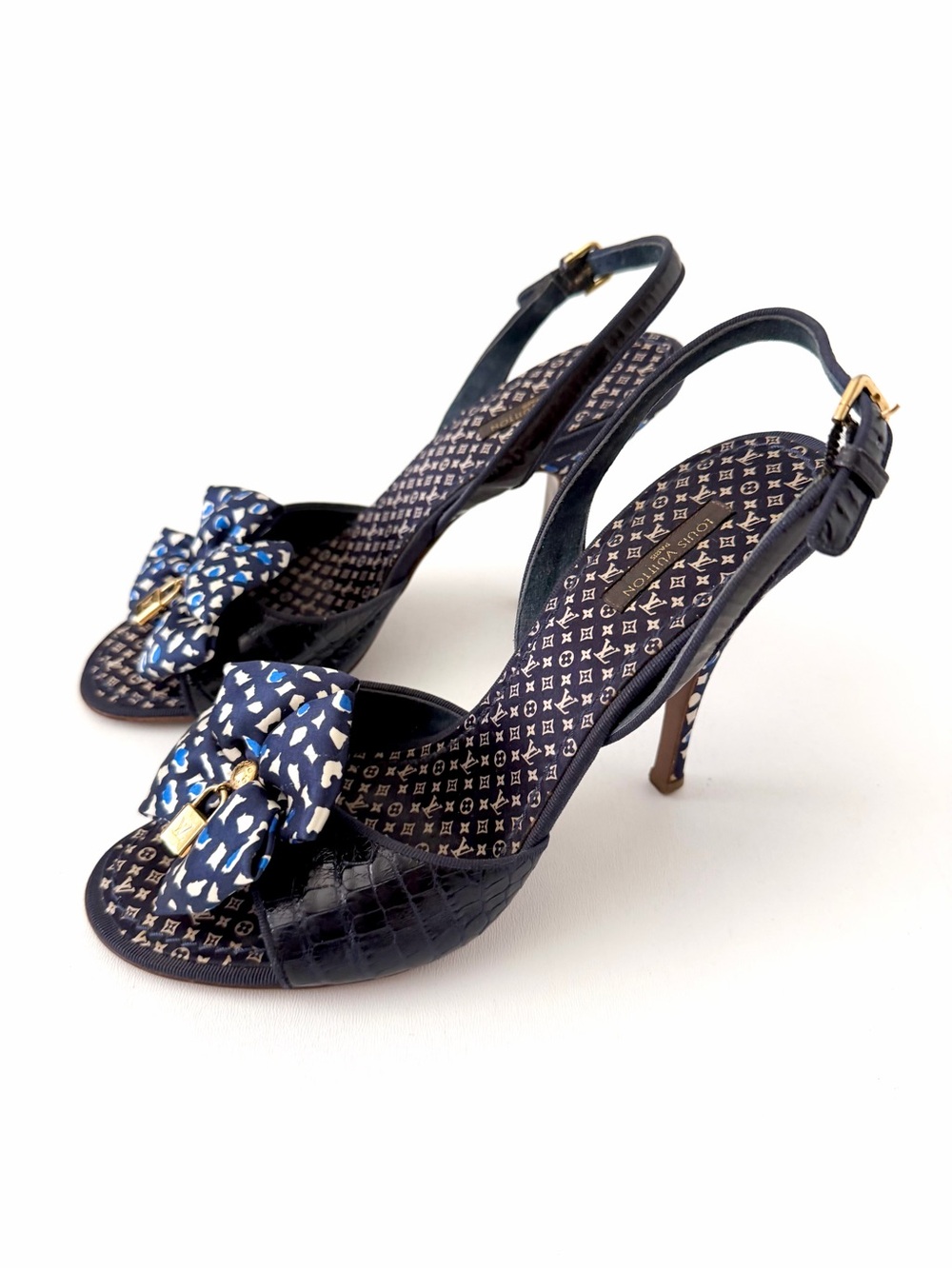 LOUIS‎ VUITTON | Padlock Bow Slingback Sandals Navy Croc Embossed Heels EU 39